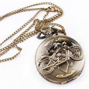  Vintage Style Brass Motorcycle Carve Pocket Watch Necklace Chain 