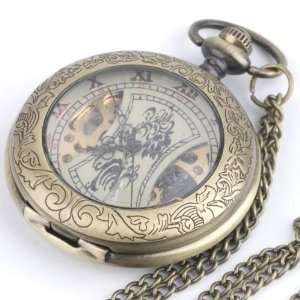 Vintage brass pocket mechanical watch pendant long chain necklace by 