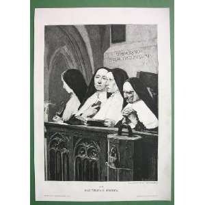   Nuns in Church Prayer   Antique Print Wood Engraving 
