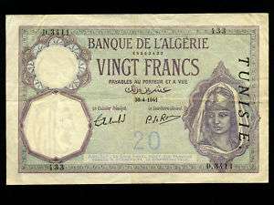 TunisiaP 6b,20 Francs 1941 * French Rule * RARE *  