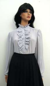   Secretary Shirt Blouse M L High Collar Tuxedo Victorian Ruffled  