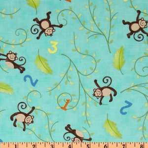  44 Wide Moda Grow With Me Monkeys Sky Blue Fabric By The 