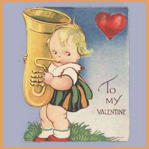 Vintage Valentines Day Card GIRL WITH HORN Euphonium  