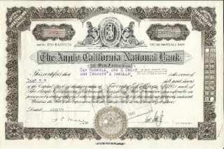 Anglo California National Bank of San Francisco Stock  