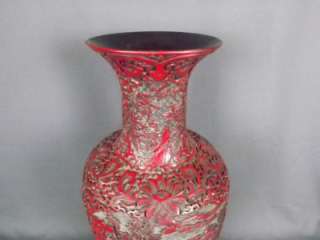 Large Chinese Carved Red Lacquer Cinnabar Like Vase Signed  
