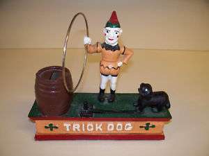 Cast Iron Trick Dog & Clown Mechanical Bank   Replica  