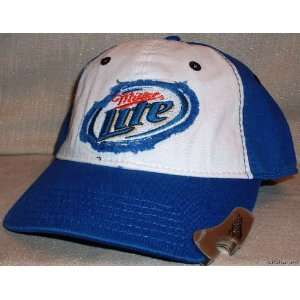 MILLER LITE Blue / White Baseball Cap/ HAT w/ BOTTLE OPENER in Hatbill