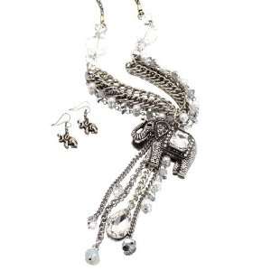  Elephant Charm Necklace Set; 32L; Burnished Silver Metal 