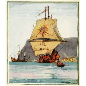 1924 Color Print Norman Wilkinson Quebec Galleon Ship Canadian 