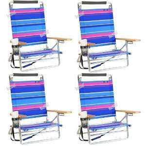 pos Lay Flat / Low Seat Aluminum Beach Chair w/ Cup Holder   4 chairs 