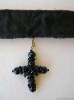   Beaded Black Victorian Mourning Collar Necklace w Bead Cross  