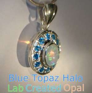 Blue Topaz Halo and Lab Created Opal Cab Handmade Sterling Silver 