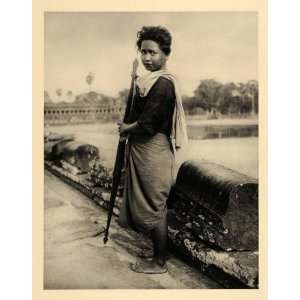  1929 Angkor Cambodia Woman Fishing Tonle Sap Lake Spear 