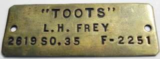 Vintage Old Antique Brass Nameplate TOOTS L. H. FREY 2619 S. 35 F 