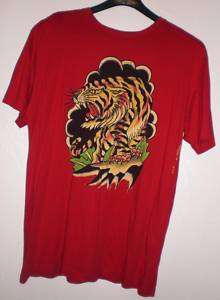 ED HARDY Roaring TIGER Red Men Tattoo Tee T Shirt L HTF  
