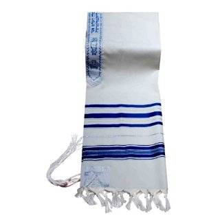 100% Wool Tallit Prayer Shawl in Blue and Silver Stripes Size 18 L X 