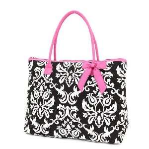  Large Quilted Damask Print Tote Bag   Black and White with 
