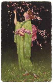 Dainty Lady Green KIMONO wCHERRY BLOSSOM silk ART panel  