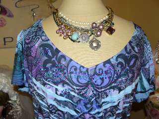 ONE WORLD Romantic Femme SHIMMER BEADED GRAPHICS Flowing Purple/Blue 
