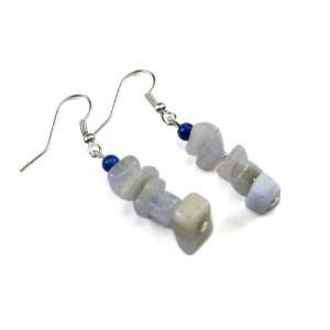 Blue Lace Agate Semi Precious Gemstone Chips with Lapis Bead Dangle 