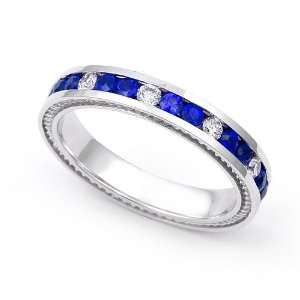14k White Gold Channel set Diamond and Blue Sapphire Wedding Band Ring 