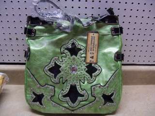 Ozark Leather Lime Green Black Large Purse Handbag Tote Rhinestone 