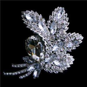 Flower Leaf Brooch Pin w Clear Swarovski Crystal Bridal  
