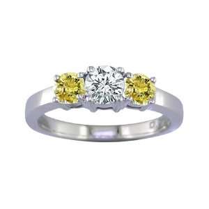  1 CT 3 Stone Yellow & White Diamond Ring 14K White Gold In 