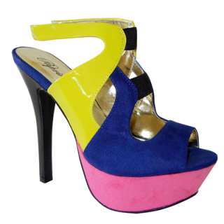Stylish Sexy Color Blocked Suede Patent Mix Ankle Strap Platform Heel 