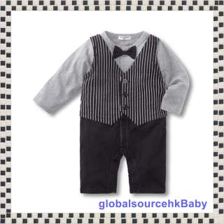 Baby Boy Wedding Party Tuxedo Suit Bowtie Romper Onesie Bodysuit Black 