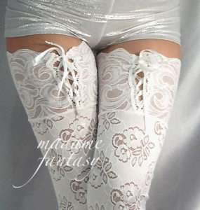 SEXY WHITE LACE UP TOP LACE STOCKINGS XS XXXL Tall  