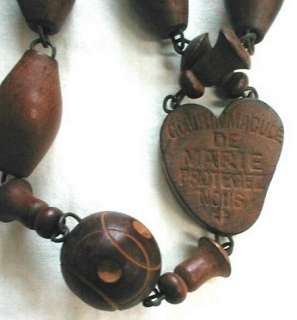ANTIQUE FRENCH ROSARY HUGE CARVED WOOD LACHET SOUVENIR  