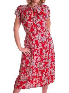 Red Printed Rayon Vintage Day Dress 1940S 40 30 44  