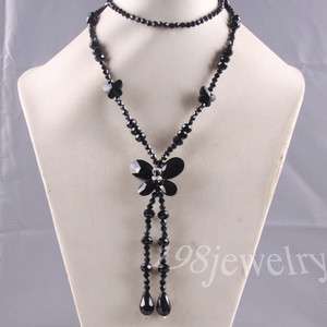 Black Swarovski Crystal Beads Butterfly Necklace 28 TE676  