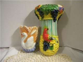 VTG Wall Pocket Vase H.P.Red Bird, Grapes/ White Swan Pottery  