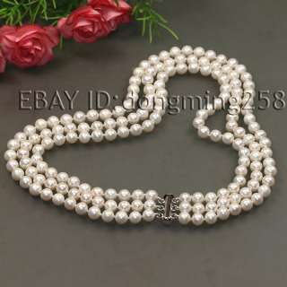 ROWS 7 8MM WHITE ROUND FRESH WATER PEARL NECKLACE  
