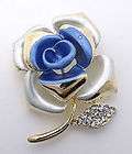 Gold Light Blue Rose Flower Clear Swarovski Crystal Brooch Pin