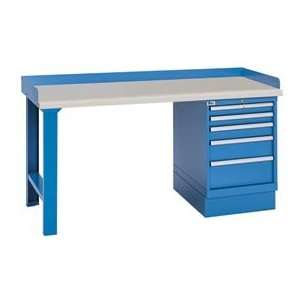 Industrial Workbench W/Leg, 5 Drawer Cabinet, Butcher Block Top   Blue