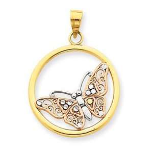  14k Tri Color Gold Butterfly in Circle Pendant Jewelry