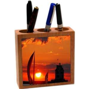  Rikki KnightTM Boats at sunset 5 Inch Tile Maple Finished 