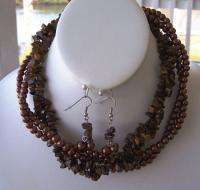 2pc 4 strands Glass Brown Pearls , Tigers Eye stone Necklace Set Joan 