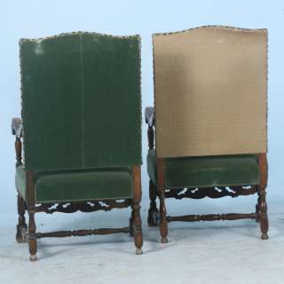 Pair, Antique Danish Embroidered Stag Arm Chairs c.1890  