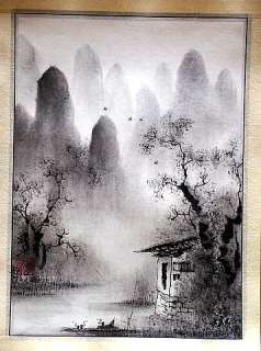Misty Fishing Village Asian Chinese Watercolor Painting  