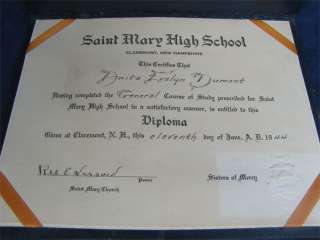 Antique 1944 Diploma St. Mary High School Claremont NH  