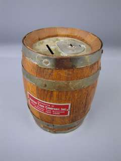 Vintage Arrow Tank Co Wood Barrel Coin Bank Steel Bands  