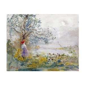 Peasant Girl and Ducks by Pompeo Mariani. Size 22.01 inches width by 