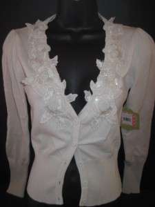 New Down East Basics Sequin Applique white Anniversary Cardigan 
