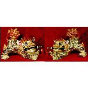 Gold filigree porcelain Chinese Fu dogs with swords in mouth   hand 
