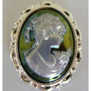  Cameo Pin Lady Cameo, Iridescent Green, Silver Setting 