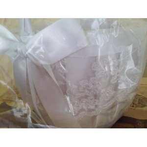 Bridal Chantilly Lace Flower Girl Basket White with Bride White Satin 